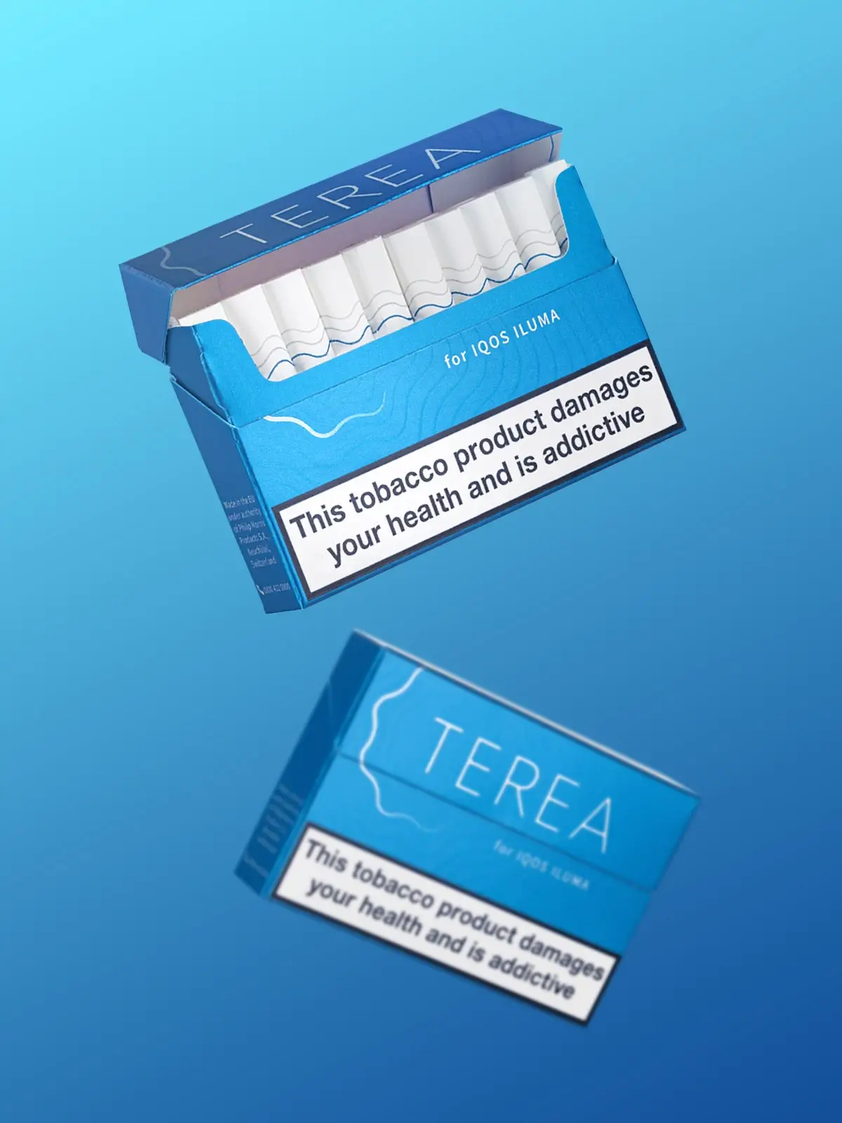 Two packs of Blue IQOS TEREA Sticks floating in front of a blue background