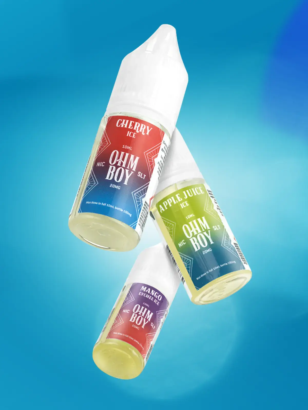 Three bottles of Ohm Boy e-liquid; Cherry Ice, Apple Juice Ice and Mango Lychee Ice floating in front of a blue background