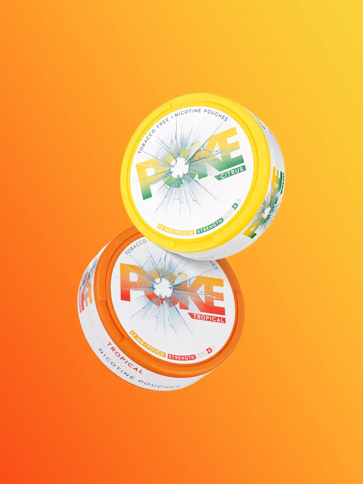 Two containers of Poke nicotine pouches; Citrus and Tropical flavours, floating in front of a warm yellow and orange background
