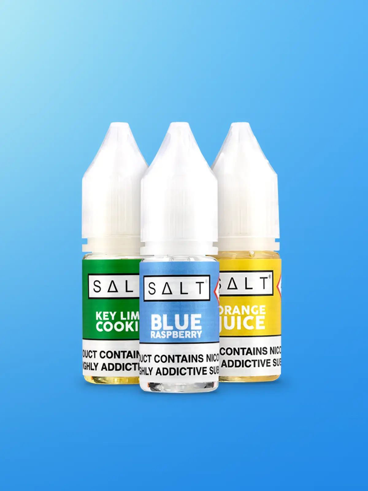 Three bottles of SALT e-liquid; Key Lime Cookie, Blue Raspberry and Orange Juice, standing in front of a blue background